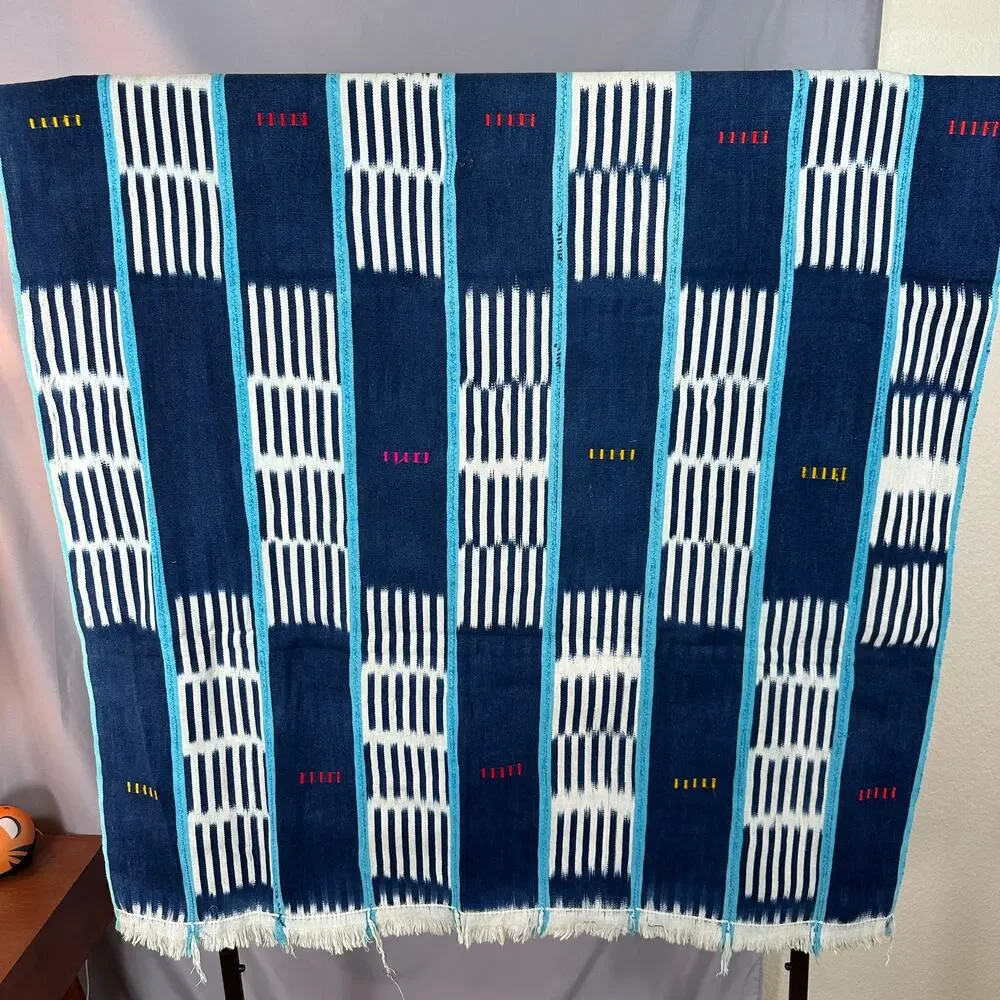 Indigo Blue Woven Textile Throw Wall Hanging Boho Geometric Fringe Artisan